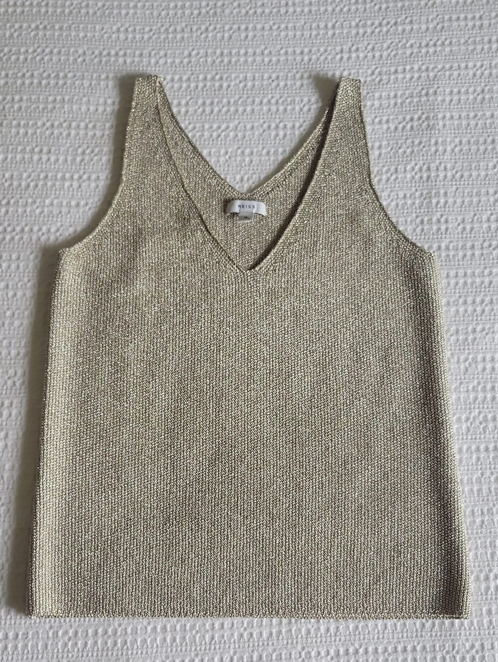 REISS Metallic Knit V-Neck Sleeveless Tank Top | Taupe/Gold | Size M